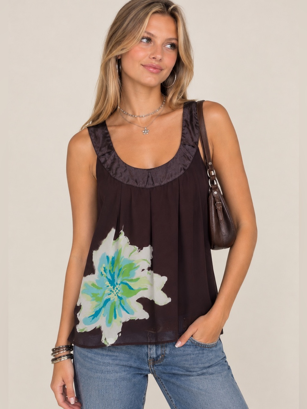 Y2K Chiffon Brown Abstract Floral Flowy Top Boho Vintage 90s Size M